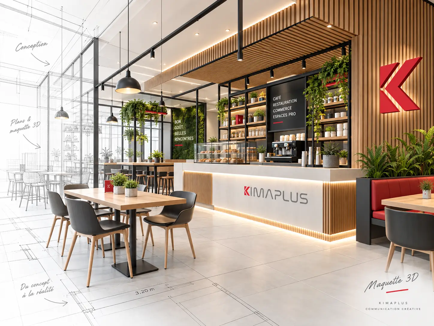 Maquette 3D d’un café : le dessin filaire se transforme en rendu réaliste