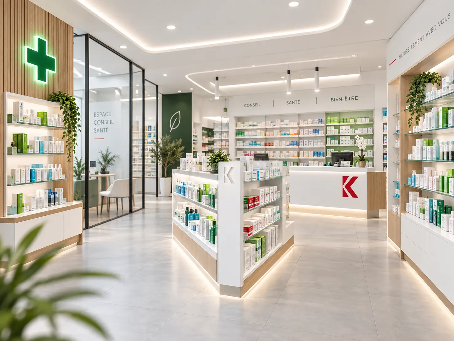 Pharmacie avec îlot central et linéaires lumineux